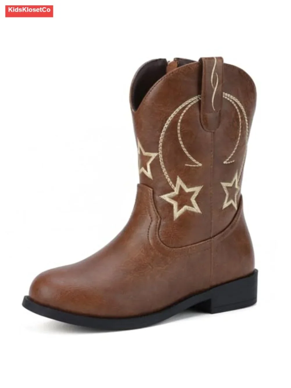 Faux Leather Western Cowboy Boots for Kids Side Zipper Round Toe